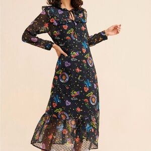 Anthropologie Black Sheer Midi Dress with Multicolor Celestial Print